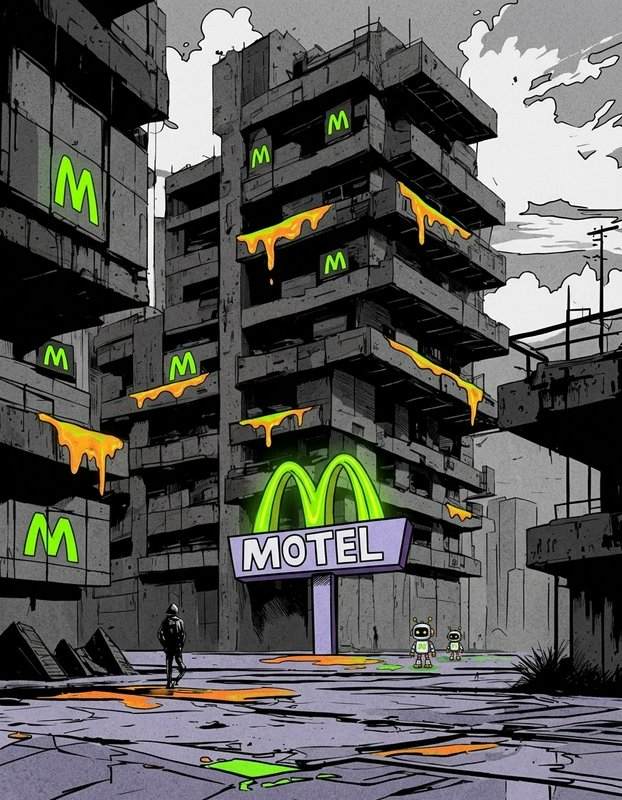 Dystopian brutalist McDonald's motel with slime drips, a hooded figure and small robots on a crumbling city street