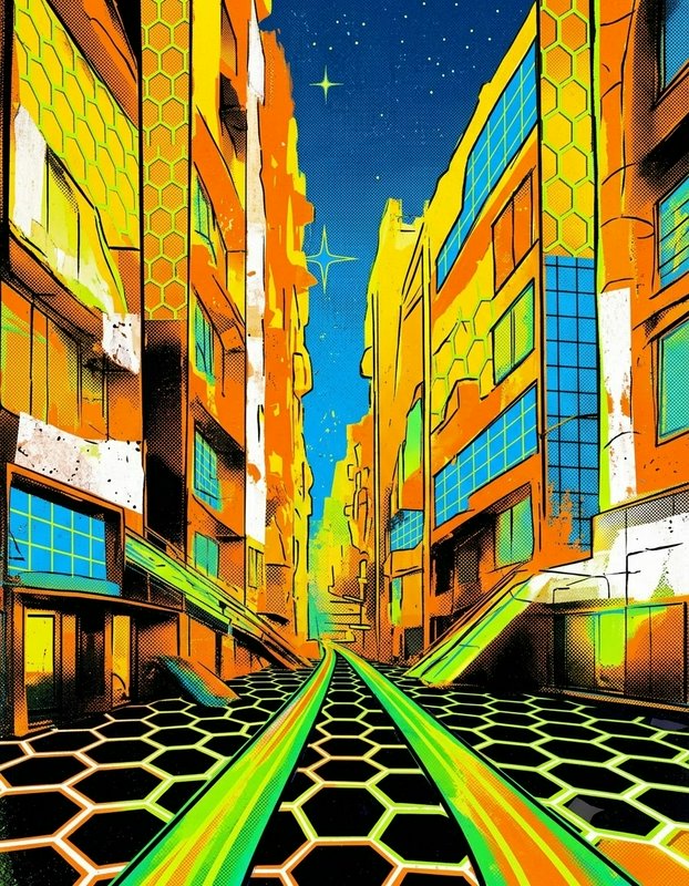 Retro-futuristic comic style city street with glowing green tracks between tall buildings under a starry sky