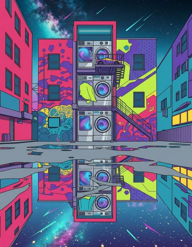 Surreal neon city alley with stacked galaxy washers, mirrored in a puddle under a shooting star night sky
