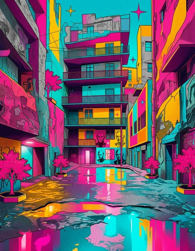 Vibrant neon pop art city alley with reflective rain puddles, colorful apartment blocks, and bright pink potted trees