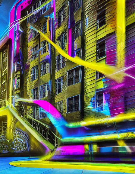 Surreal warped apartment building overlaid with swirling bright neon light streaks