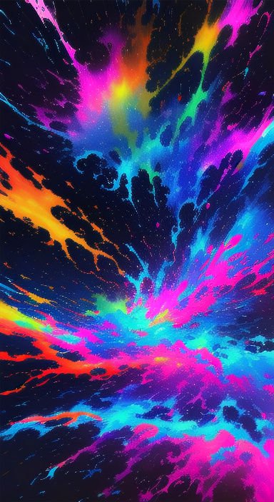 Bright neon abstract paint explosion radiating outward against a deep black background