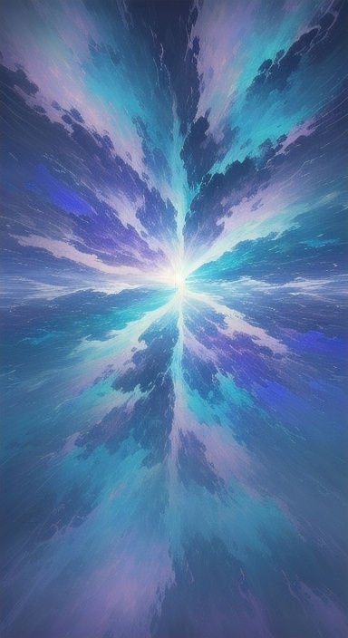 Glowing central light radiates symmetrically through swirling blue and purple abstract painted clouds