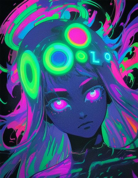 Psychedelic neon cyberpunk anime girl with glowing pink eyes and swirling vibrant hair