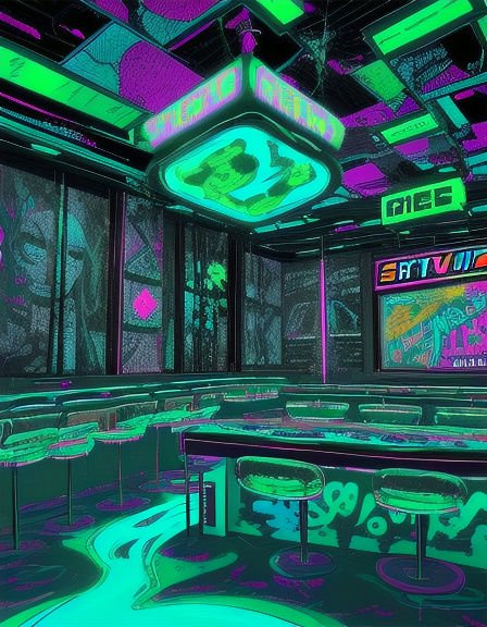 Surreal glowing neon cyberpunk bar interior with retro arcade styling and bold green purple lighting