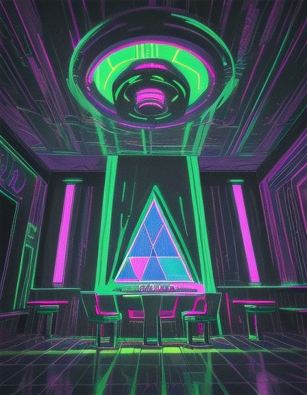 Futuristic neon cyberpunk interior with glowing geometric fixtures, triangle panel, bright green and magenta accent lighting
