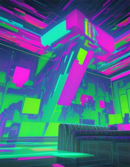 Surreal glitch art interior with distorted neon geometric shapes in bright pink, green, and blue