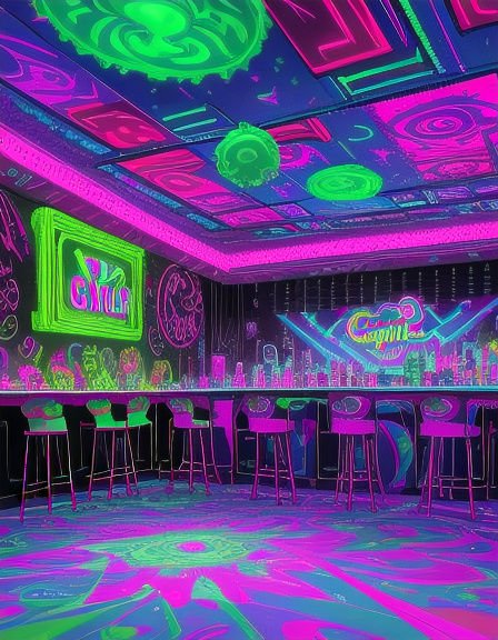 Vibrant neon psychedelic bar interior glowing with bright pink, green, and blue blacklight decor