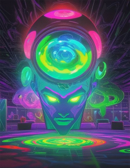 Neon cyber alien face with swirling energy orb floats above a glowing psychedelic dance floor