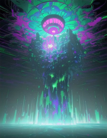 Surreal glowing neon alien tower with hovering UFO above a misty dark otherworldly landscape