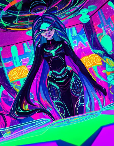 Neon cyberpunk anime woman with glowing accents stands against a vivid psychedelic futuristic background