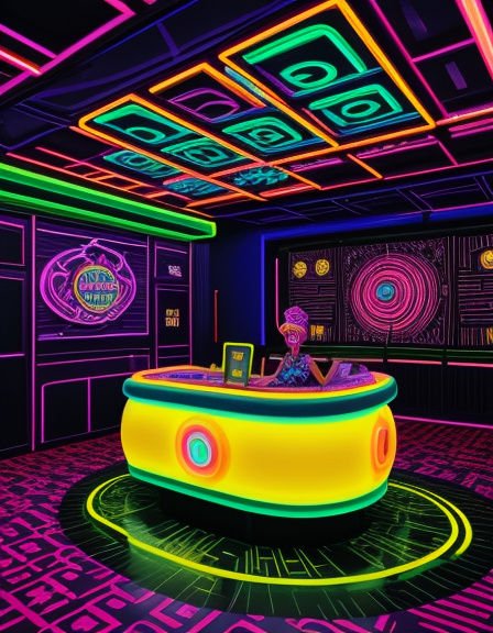 Futuristic glowing neon reception booth inside a vibrant psychedelic arcade lounge with geometric neon ceiling decor