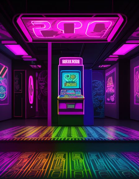 Neon-lit retro arcade cabinet centered in a dark synthwave style game room