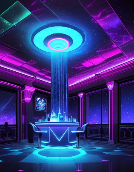Futuristic cyberpunk bar interior with glowing neon, holographic waterfall and starry space views through large windows