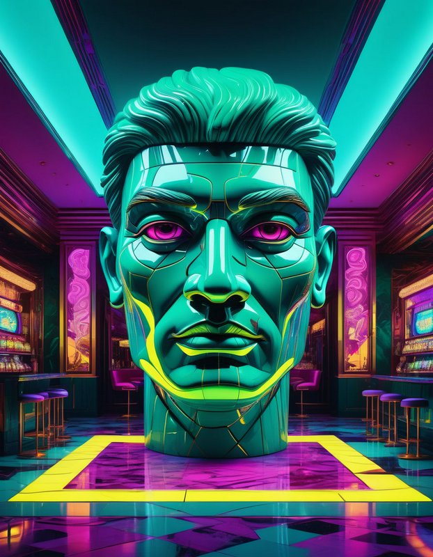 Giant glossy teal human head sculpture sits centered in a vibrant neon retro-futuristic bar