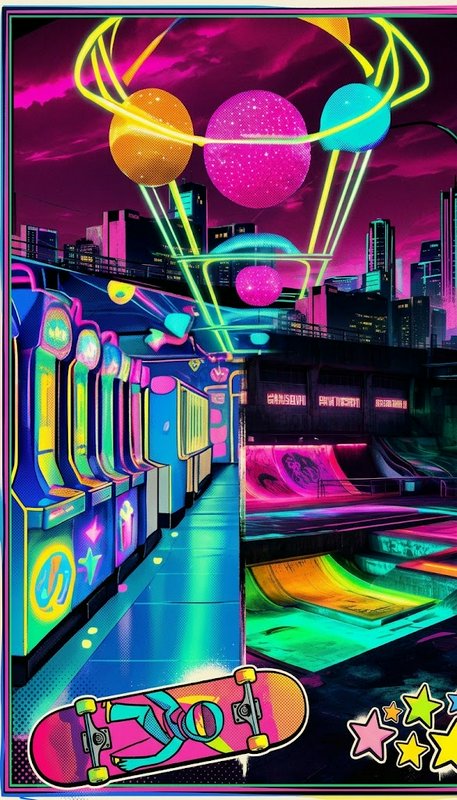 Neon cyberpunk rooftop arcade and skate park with glowing orbs, arcade cabinets and decorative skateboard graphic