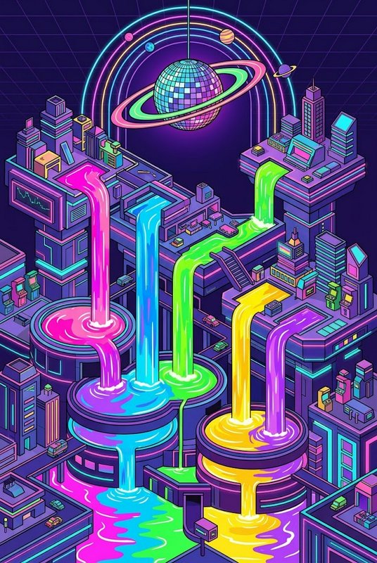 Isometric vaporwave cyberpunk city with rainbow waterfalls under a ringed floating disco ball