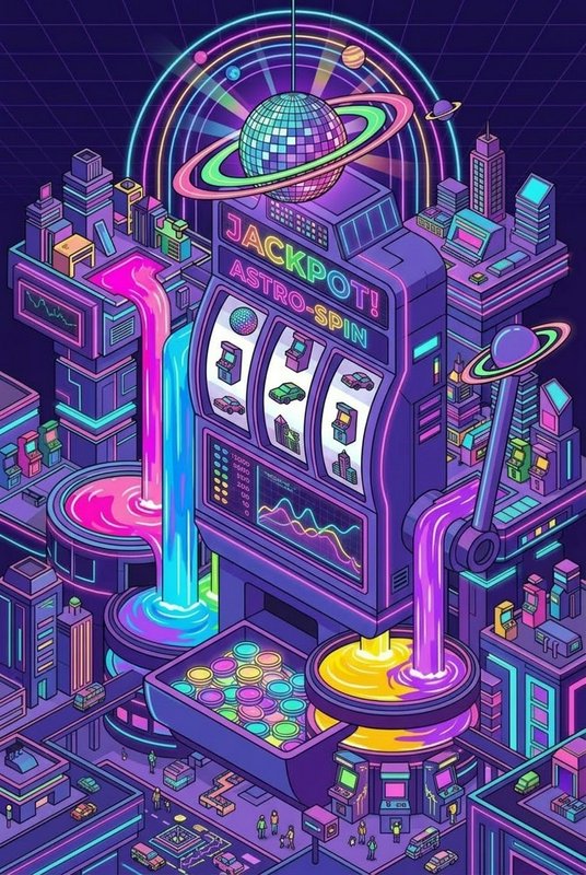 Surreal isometric cyberpunk slot machine city topped with a ringed disco ball under cosmic neon grids