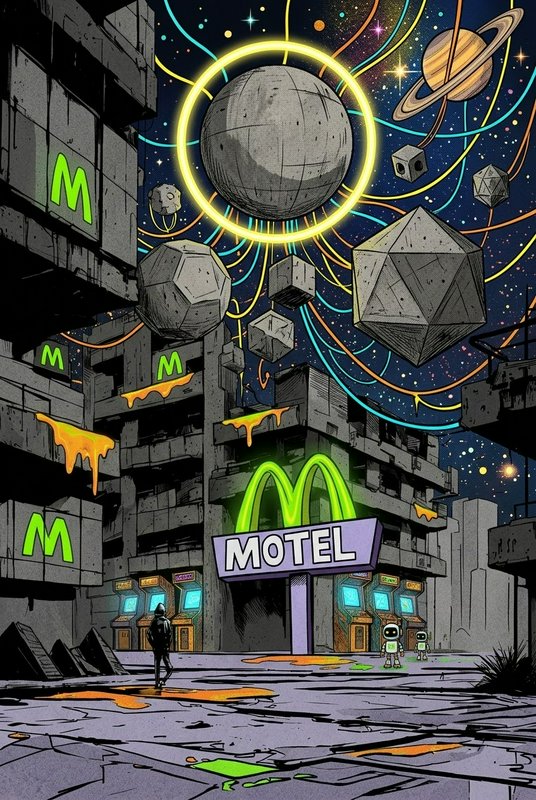 Surreal cyberpunk street scene with McDonald's motel signage, floating cosmic geometry above a derelict city