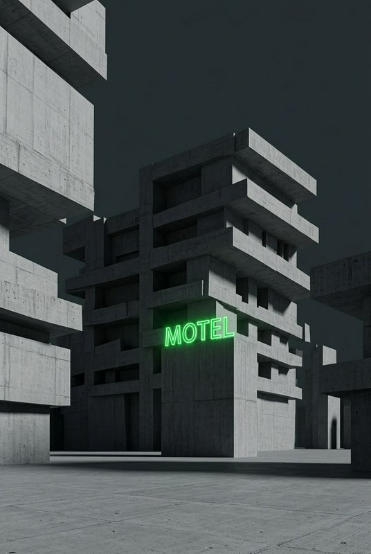 Glowing green neon MOTEL sign mounted on stacked brutalist concrete buildings under a dark gray sky