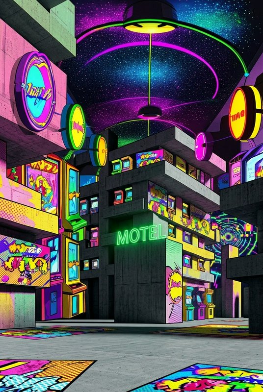 Vibrant retro-futurist arcade city street with glowing neon motel sign under a cosmic starry sky