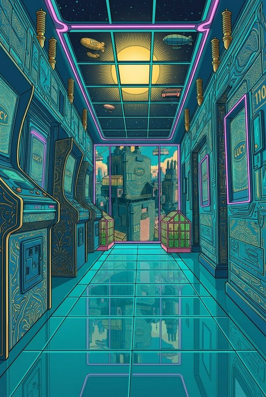 Retro-futuristic steampunk hallway lined with arcade cabinets overlooks a city skyline with floating airships