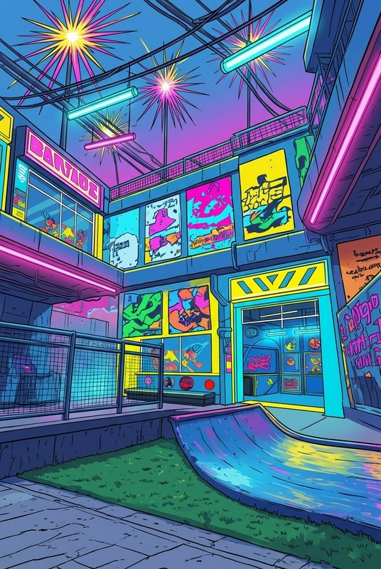 Retro cartoon indoor skatepark lined with glowing neon signs and street art at gradient purple dusk