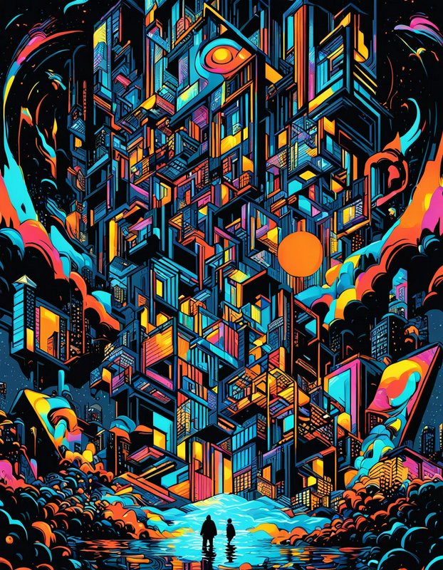 Two silhouetted figures stand in water gazing up at a towering neon futuristic cyberpunk skyscraper at night