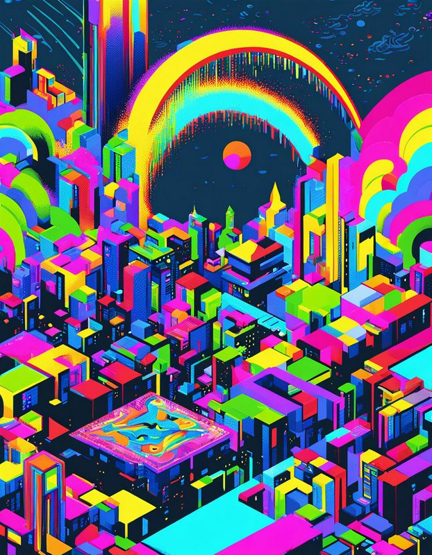 Psychedelic neon futuristic cityscape with glowing rainbow arches above blocky colorful skyscrapers under a dark cosmic sky