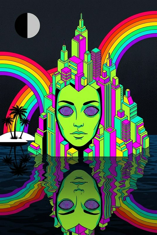 Surreal psychedelic illustration of a neon skyscraper city fused to a green face, reflected in dark water under curved