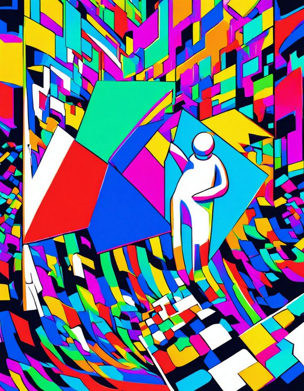 Stylized abstract human figure standing amid swirling vibrant geometric cubist city architecture