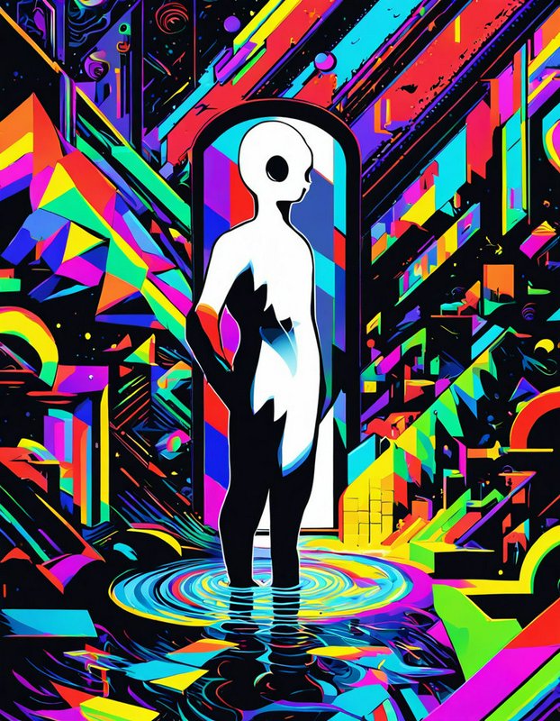 Stylized featureless humanoid stands in rippling neon water before a portal in a psychedelic abstract landscape