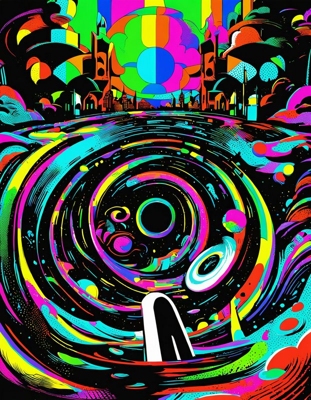 Swirling neon psychedelic vortex leads to a bright abstract fantasy city skyline