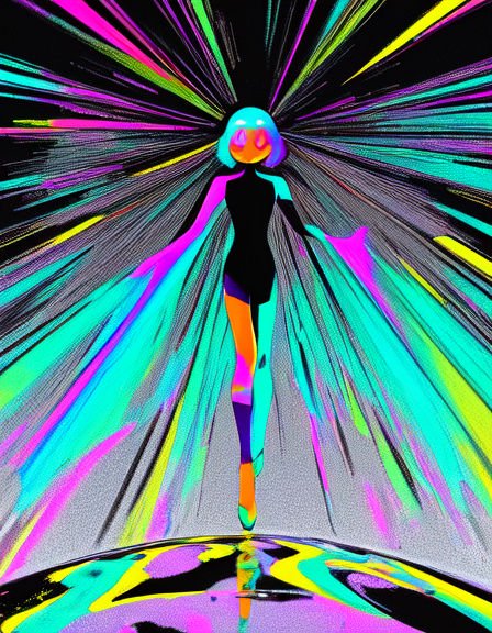Psychedelic neon abstract female figure floating with radiating colorful radial light streaks behind her