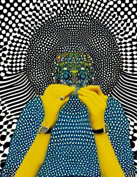 Surreal op art portrait of a figure with bright yellow hands framing a fragmented mosaic head