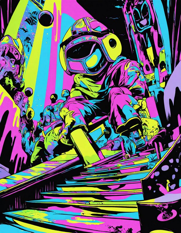 Bold neon pop art illustration of an astronaut and other figures descending a surreal colorful staircase