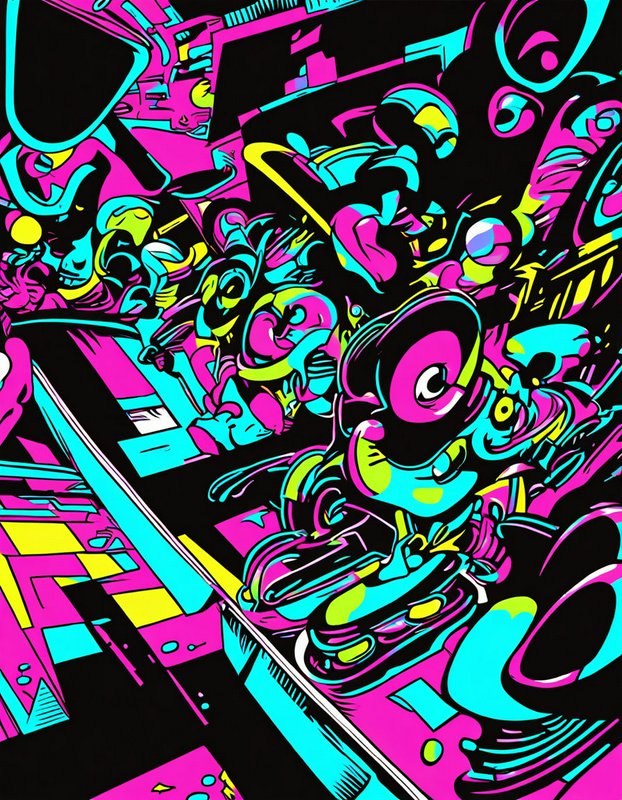 Bold psychedelic neon pop art of chaotic abstract cartoon figures in a crowded surreal party scene