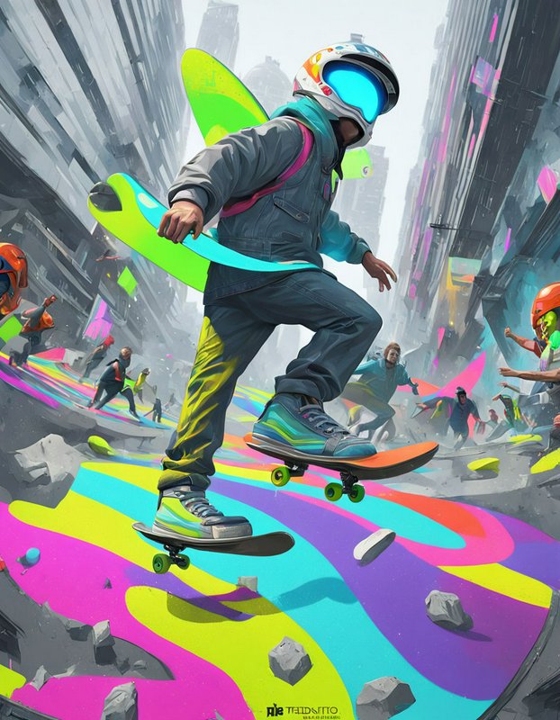 Futuristic helmeted skater with wing accessories rides floating skateboards in a neon city race