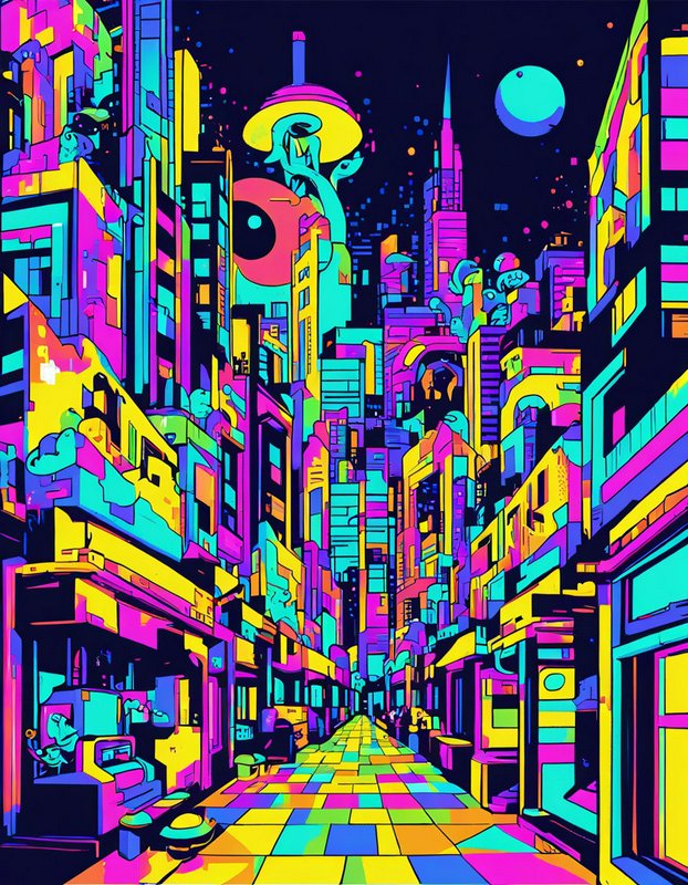 Vibrant neon pop art illustration of a futuristic cyberpunk city street at night under a glowing teal moon