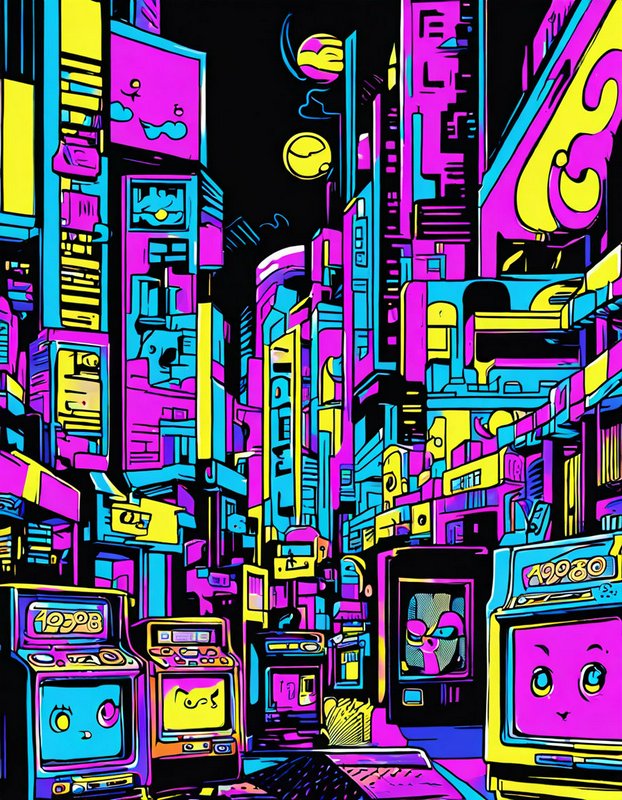 Vibrant neon cyberpunk city street lined with cute anthropomorphic arcade machines at night