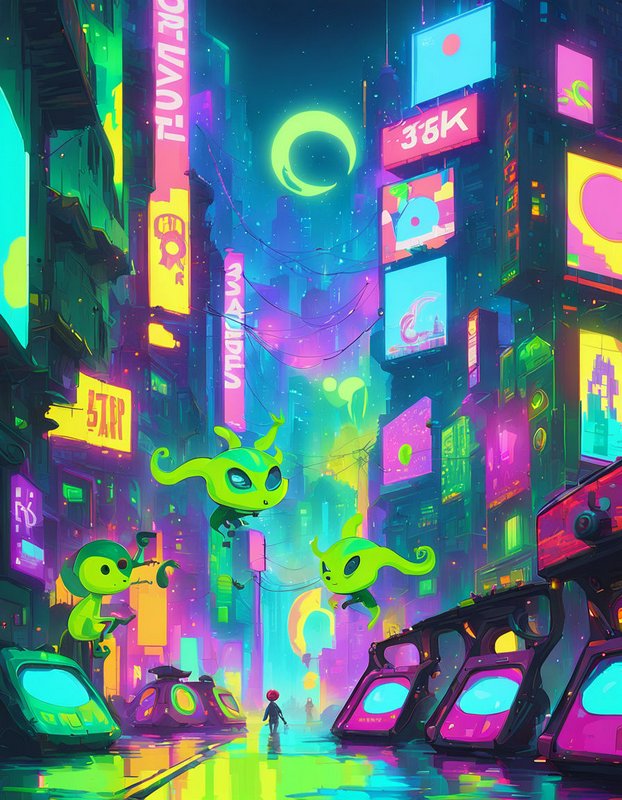 Floating green aliens hover over a glowing neon cyberpunk city street at night under a luminous crescent moon