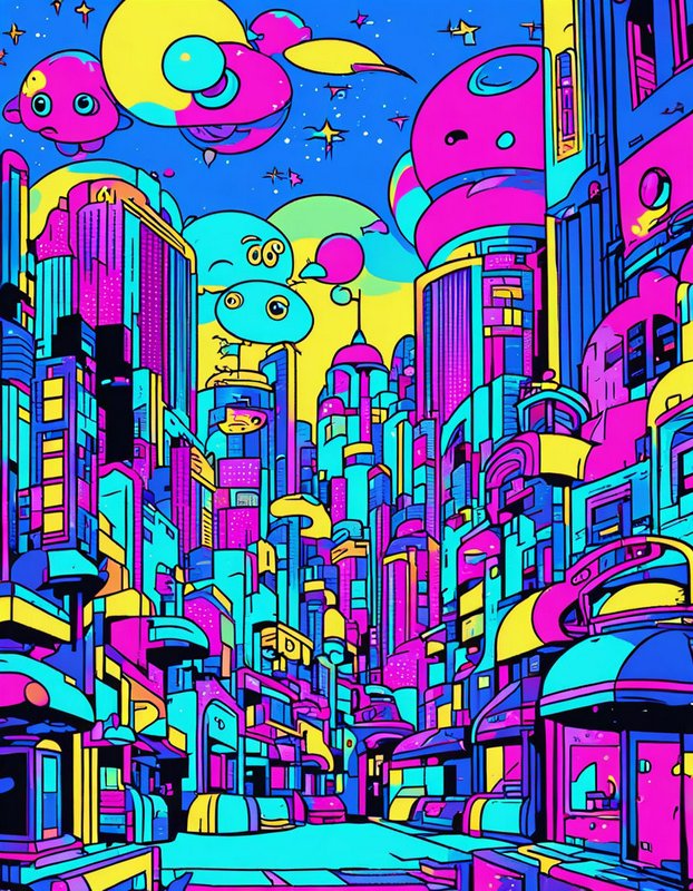 Vibrant neon psychedelic futuristic cityscape with cute floating blob aliens above an empty street