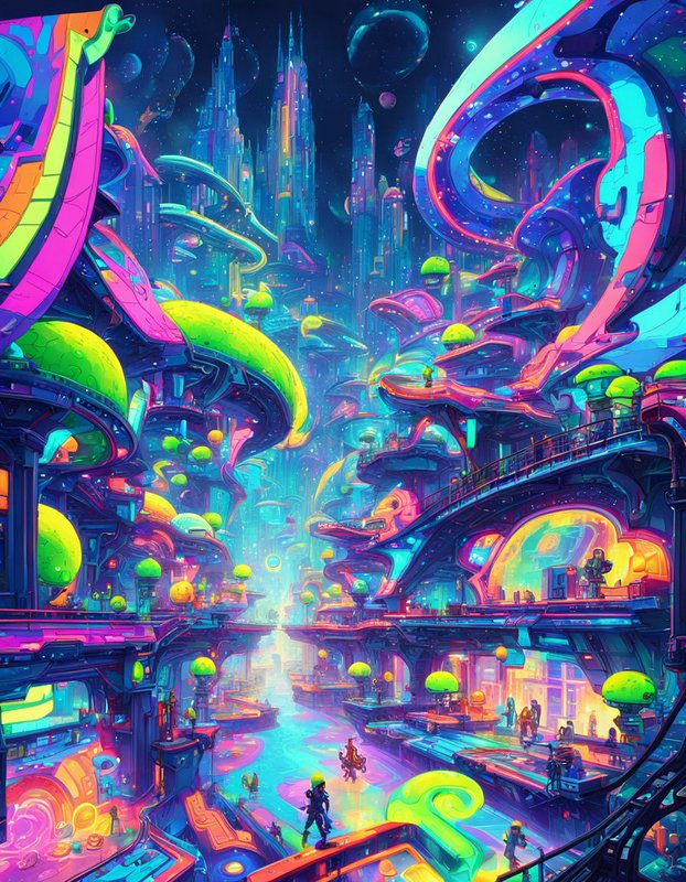 Vibrant neon psychedelic futuristic alien city sprawling under a starry cosmic night sky