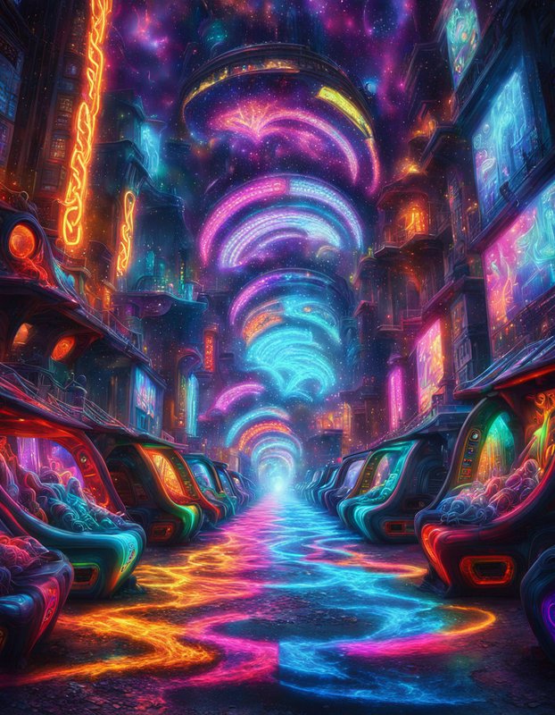 Surreal neon cyberpunk city street lined with futuristic glowing vehicles under a starry cosmic sky