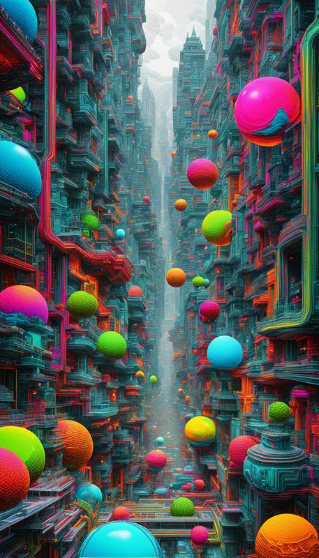 Surreal futuristic city canyon between towering skyscrapers filled with floating bright multicolored spheres