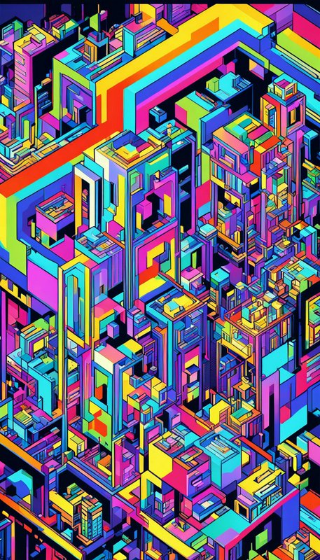 Bright neon rainbow isometric illustration of a dense futuristic blocky cyberpunk city