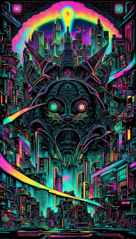 Psychedelic cyberpunk cityscape centered on a giant ornate carved face skyscraper under a glowing neon sky