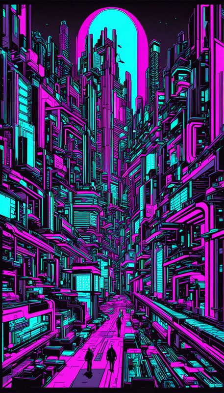Neon cyberpunk downtown street lined with towering skyscrapers under a glowing arched night sky
