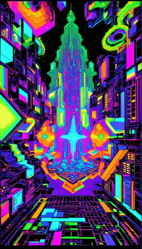 Psychedelic neon cyberpunk cityscape centered on a towering glowing spire against a dark starry sky