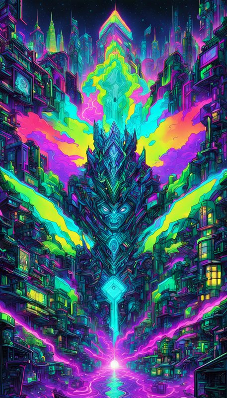 Psychedelic neon cyberpunk city centered on a glowing ornate crystalline alien monument erupting with bright colorful energy